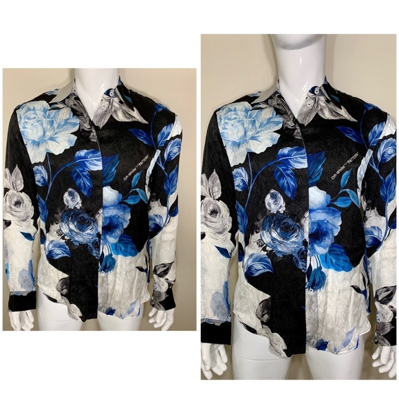 OFF WHITE BLUE FLORAL SILK BUTTON FRONT BLOUSE 38 - Picture 2 of 7